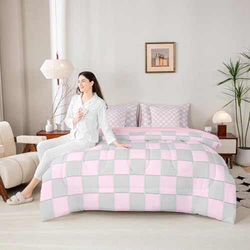 Image of Erosebridal Pink and Grey Girls King Comforter Set 7 Piece Cute Checkered Bedding Sets with Sheets for Kids Teen Women,Geometric Grids Plaid Bed in A Bag Bedroom Decor,Gingham Bed Set