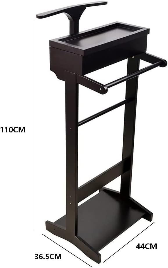 Black Wood Suit Valet Stand Clothes Rack,Suit Wardrobe Valet Floor Stand Garment Organizer Rack with Drawer Top Tray Coat and Pants Hanger Shoe Rack, Black-44x36.5x110cm