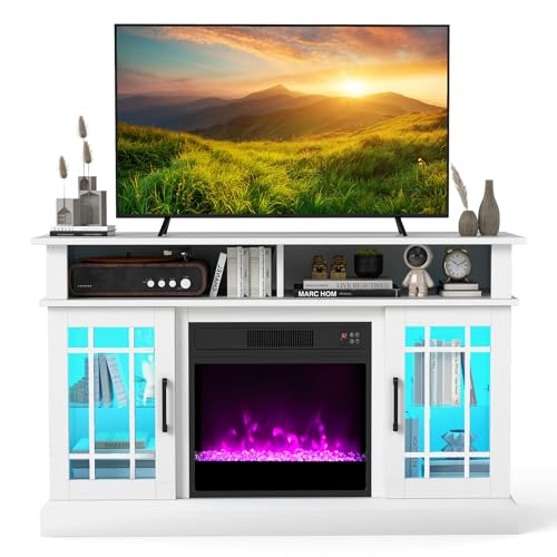For Tvs Up To 55 Inches With Led Lights, 1400w Fireplace Insert With Remote, 48-inch Wooden Media Entertainment Center With Adjustable Shelves, White