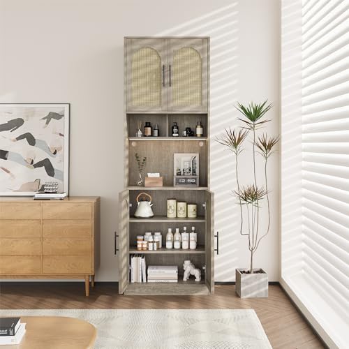 Image of IDEALHOUSE 71 inch Tall Pantry Cabinet with Countertop & LED Light Strip - Kitchen Storage Cabinet with Microwave Shelf & Adjustable Shelves, Farmhouse Kitchen Hutch for Dining Room, Oak