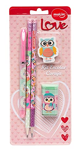 Kit Escolar Coruja 1caneta+2lapis+1borracha+1apontador - 01 Unidade Molin, Multicor