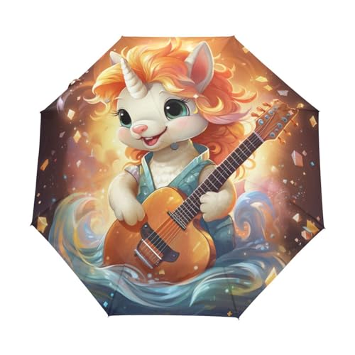 KAAVIYO Cartoon Unicorn Guitar Umbrella Windproof Automatic Foldable Umbrells Auto Open Close for Men Women Kids