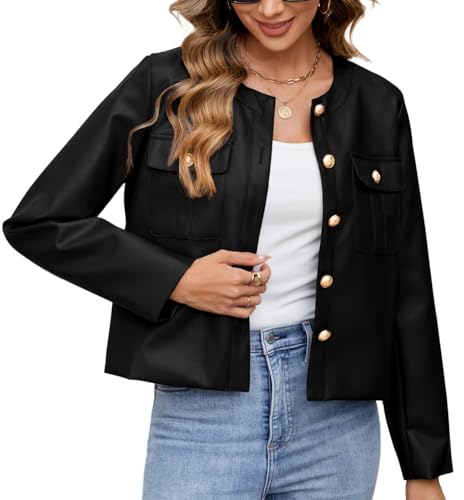 Ladyful Womens Crop Faux Leather Bomber Jacket Oversized Collarless Going Out Pu Moto Coat2