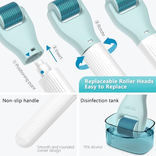 Derma Roller Kit for Face, Body and Hair, 10 in 1 Facial Beauty Rollers Skin Care Tools, Microneedle Roller with 9 Replaceable Heads and 1 Storage Case, Skincare Tools for Home
