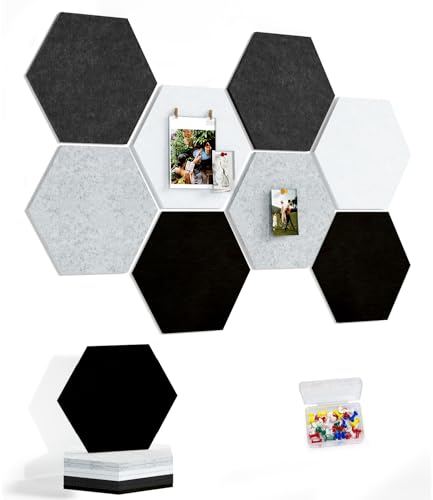 Uoisaiko 8 Pack Hexagon Felt Bulletin Board Tiles - 11.8" Large Thick Pin Board for Walls with 30 Push Pins, DIY Boards for Office Home School Decor, Aesthetic Hex Cork Board Alternative
