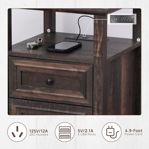 Image of ALBAD Farmhouse Nightstands with Charging Station,Walnut Brown Tabletop | End Tables with 2 Drawers, Open Shelf, USB Ports, Metal Knobs, for Rustic Bedroom Bedside, Living Room, Dorm