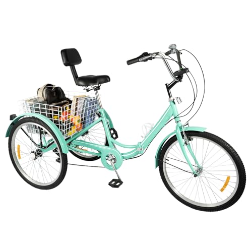 Triciclo de 24 pulgadas para adultos, 7 velocidades, 3 ruedas, bicicleta plegable de tres ruedas con cesta de la compra, adecuado para ocio, compras, picnics y viajes, azul verde azulado