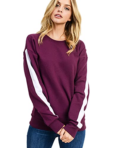 esstive Women's Ultra Soft Fleece Lightweight Casual Taping on Sleeves Solid Crew Neck Sweatshirt, Plum, Medium