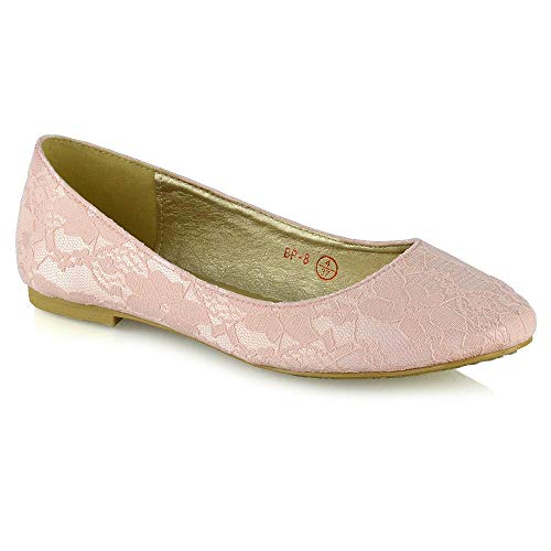 ESSEX GLAM Womens Bridal Flats Close Toe Slip On Lace Wedding Bridal Bridesmaid Pumps Shoes Size 3-9 Pastel Pink