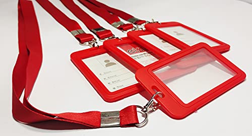 Image of Abha International Plastic ID Card Holder with Premium Lanyard for Office /School (Vertical) (Red, Pack of 5pcs.)