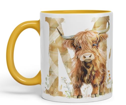 Image of Vixar Highland Cow Alphabet Monogram Coloured Ceramic Cup Mug – Letter N – Rustic Farmhouse Animal Letter Gift – 11oz (Gold Yellow)