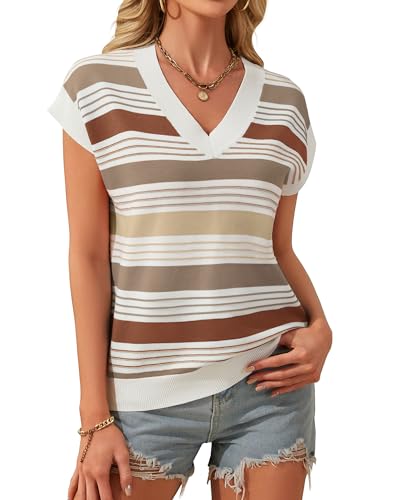 IEEILULU Womens Sweater Vest Striped Color Block Cap Sleeve V Neck Sleeveless Pullover Cute Summer Sweaters Vest Tops Brown Sweater Women Brown S — view 5