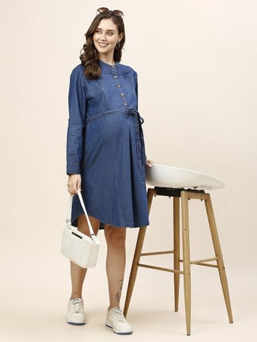 Image of MomToBe Women's Fit and Flare Above the Knee Denim Maternity Dress /Pregnancy Dress /Easy Breastfeeding Dress /Feeding Dress /Western Dress with Zippers for Nursing Pre and Post Pregnancy