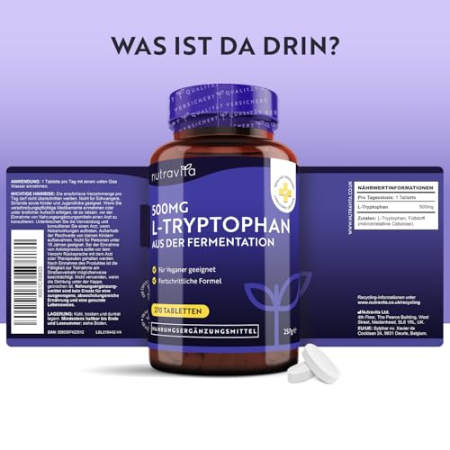 L-Tryptophan 500mg Hochdosiert - 270 Vegane Tabletten - Aus Pflanzlicher Fermentation - Premium Qualität L Tryptophan - Ohne Synthetische Bindemittel und Füllstoffe - Hergestellt von Nutravita