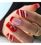 Christmas Press on Nails Medium Square Fake Nails with Snowflake Designs Glue on Nails Red French...