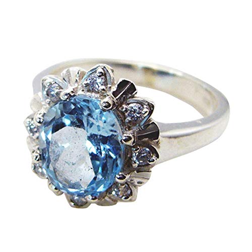 Bague de fiançailles topaze bleue et argent halo ajustable taille H à Z pour femme