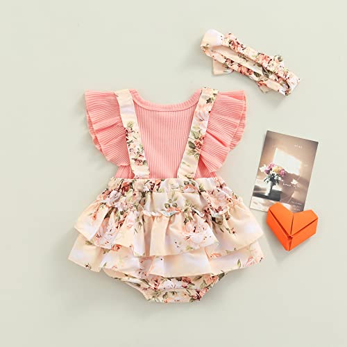 Dbzoo Infant Baby Girl Rompers Dress Ruffle Floral Jumpsuits Summer Overalls Shorts Ribbed Clothes Headband (Pink-2,6-9 Months) #TOP2