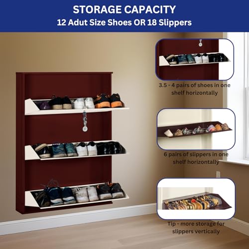 Image of DELITE KOM 29 Inch Wide, 3 Shelf Metal Shoe Rack Wall Mounted for Home with Central Lock | Holds Upto 12 Shoes or 18 Slippers Pair | 1 Year Warranty | (41 x 29 x 5, Coffee Ivory) | DIY | Space Saving