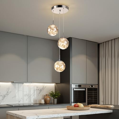 Warmiehomy LED Staircase Long Chandelier 3 Lights,Dimmable Pendant Light Fixtures Glass Balls,Modern Hanging Ceiling Lights for Villa Living Room Foyer,Gray