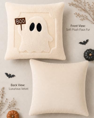 OLIULIULIU Faux Rabbit Fur Halloween Pillow Covers 18x18 Fluffy Soft Plush | Vintage Gothic Spooky Ghost Decorative Throw Pillow Covers Halloween Home Decor for Sofa Couch Bedroom Living Room