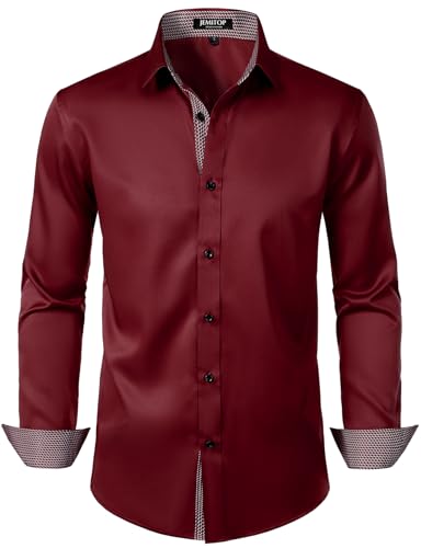 JEMITOP Men's Stretch Multi-Use Dress Shirts Party Prom Wedding Tuxdeo Long Sleeve Button Down Shirts Burgundy L