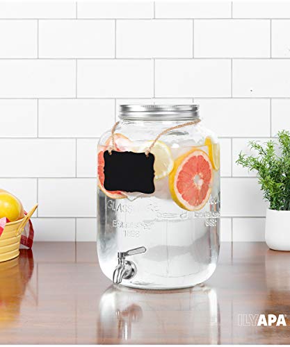 Ilyapa 2 Gallon Glass Beverage Dispenser - Wide Mouth Mason Jar Drink Dispenser - 100% Leak Proof Stainless Steel Spigot With Glass Flip Top Lid, Dispenser For Parties, Weddings, Lemonade, Cold Water #TOP4