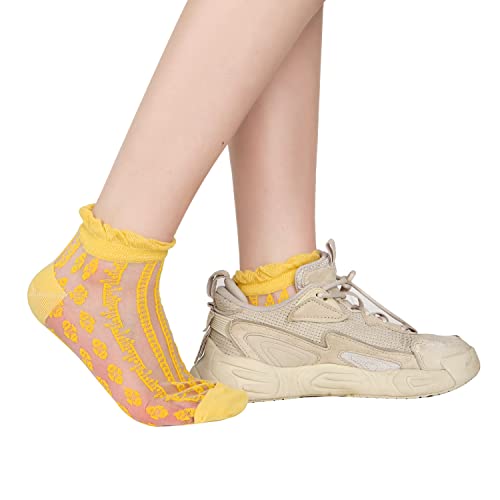 Women Girls Nylon Socks Lace Sheer Socks Ultrathin Novelty Nylon Mesh Socks Transparent See Through Ruffle Thin Ankle Socks Gift, Colorful Floral-5 Pair #TOP6