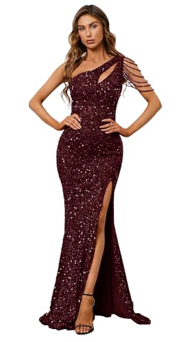 Sequin Prom Dresses for Women Sparkly Mermaid Evening Dress One Shoulder Tassel Gown