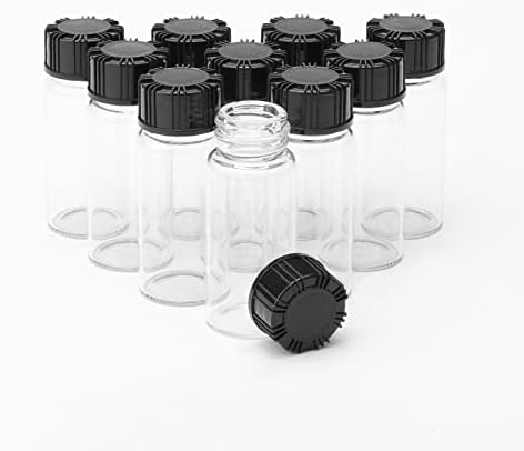 Pack of 50-10ml Clear Glass Bottles Screw Cap Empty Vials Sample Black Plastic Cap