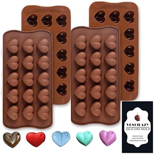 Vencilazy Heart Silicone Mould 4PCS 15-Cavity Valentine Heart Chocolate Mold Ice Cube Tray Candy Jelly Mold DIY Wax Melt Moulds Baking Accessoire for Party Cake Decoration
