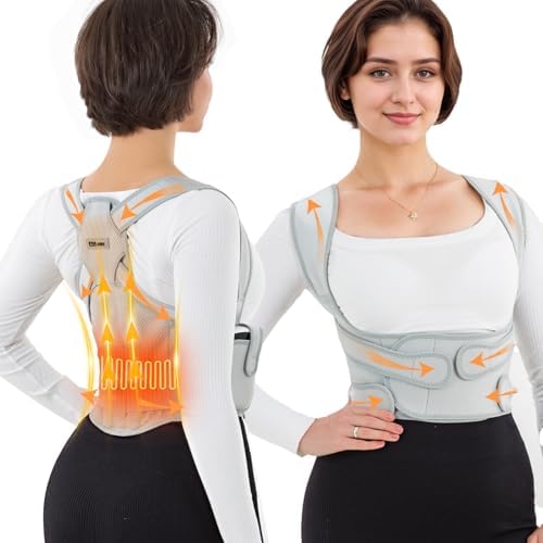 IDEA WIN Back Brace Posture Corrector for Women and Men with Detachable Heating Pad - Adjustable Posture Corrector Belt, Relieve Pain in Upper and Lower Back, Waist, And Shoulders (Gray, Medium)