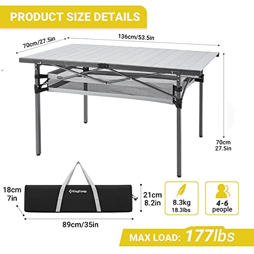 KingCamp Folding Camping Table with Aluminum Frame with String basket | Roll-Up Tabletop for 6-8 People | Foldable & Durable up to 176 lbs (80 kg), Silver, 54 x 28 inches(136 x 70 cm), XL - Image 3