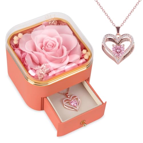 Caintima Eternal Pink Rose with Double Heart Necklace (I Love You Always and Forever) Non-Fading Preserved Real Rose Gift Set for Couples Flowers Gifts for Wife Girlfriend Mom