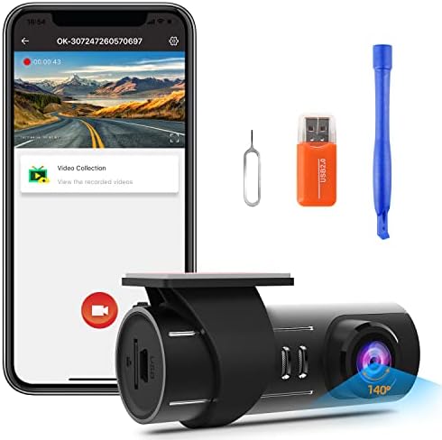 Dash Cam with WiFi, 1080P FHD Mini Front Dashcam, 140°Wide Angle Smart Car Camera with G-Sensor, Loop Recording, Voice prompts, Supercapacitor, Night Vision, APP Control, Support 64GB Max