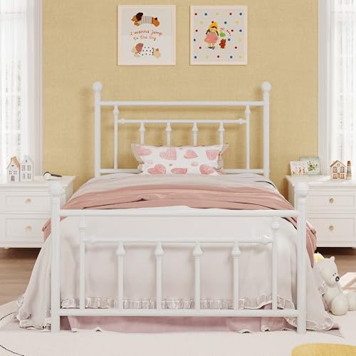 Image of SHA CERLIN 14 inch Twin Size Metal Platform Bed Frame /Victorian Headboard and Footboard /Steel Slats Mattress Foundation for Storage /No Box Spring Needed /Noise Free /White