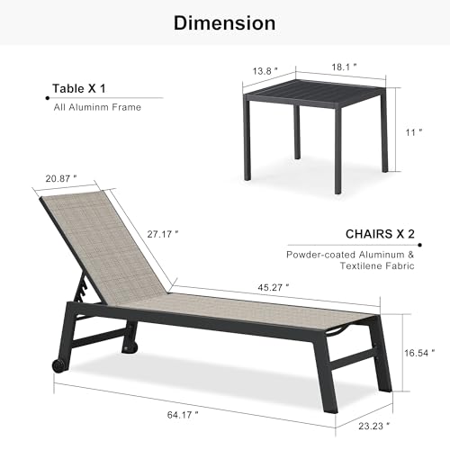 Image of PURPLE LEAF Patio Chaise Lounge Set of 4 with Side Table Textilene Taupe | Highly Breathable, Rustproof Aluminum Frame, 5-Position Reclining Back, Built-In Smooth-Rolling Wheels, Side Table Include