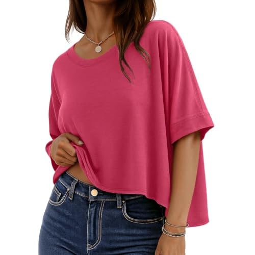 rosemia Oversized Tshirts for Women Summer Graphic Half Sleeve Crop Tops Casual Blouses, Solid Red, S