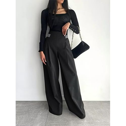 Women's Casual Wide Leg Pants Tie High Waist Straight Leg Pants Commuter Pants3