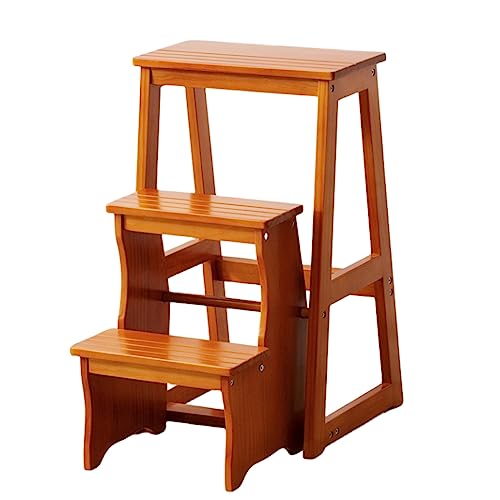 Silla-escalera de madera de 3 peldaños - Taburete multifuncional y soporte de exhibición para el hogar, la biblioteca y el jardín - Diseño portátil que ahorra espacio, soporta 100 kg (Naranja)