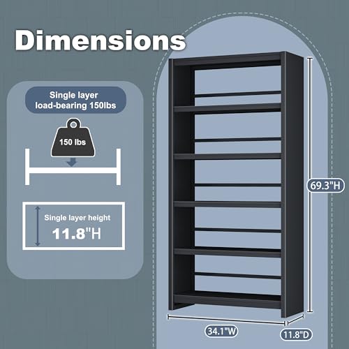 Bookshelf, 5 Shelf Bookcases, Tall Bookcase for Heavy Books, CDs, Movies, Garage Kit, Modern Display Shelf for Library Home Office Bderoom Living Room, Metal Bookshelves Industrial Black - Image 4