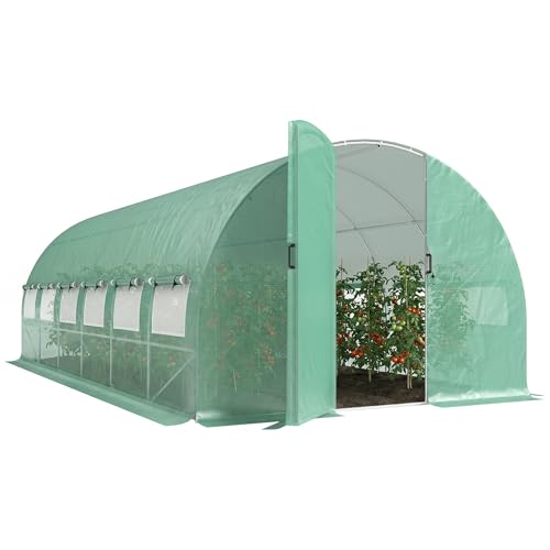 Outsunny Serre Tunnel de Jardin 18m², Serre de Jardin Tunnel 295x597x200cm avec Portes et 12 fenêtres avec moustiquaires, bâche PE Haute densité 140 g/m² prolongée de 20 cm, pour extérieur, Vert