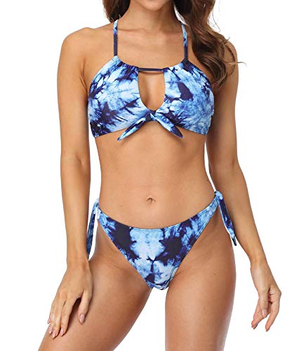 beautyin Women Halter Padded Keyhole Two Piece Tie Dye Side Tie Bikini Mid Waist