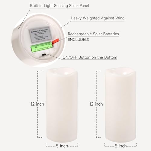Image of NURADA Large Outdoor Solar Candles Waterproof - 12 inch x 5 inch Rechargeable Solar Powered Flameless LED Pillar Flickering Candle for Patio Porch Lanterns Decor - Ivory White
