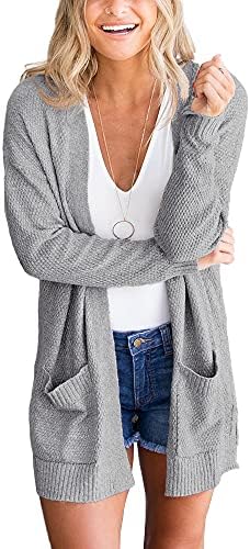 Goranbon Women's Cardigan Sweaters Open Front Long Sweater Knitted Coat with Pockets Grey