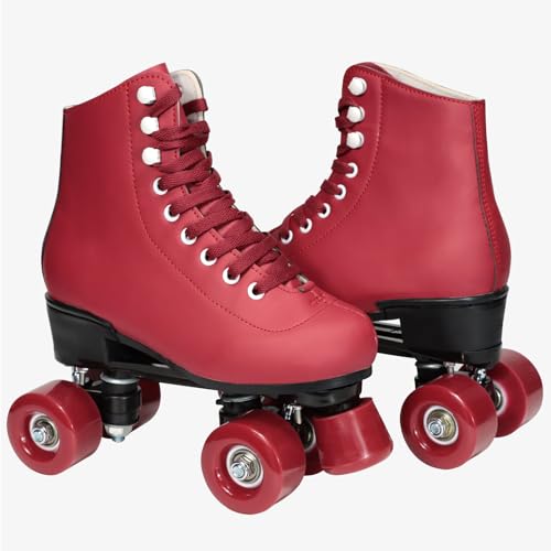 Wiwiy Roller Skates for Women Men,with Leather High Top Four Shiny Wheel Roller Skates Wine Red, for Beginner Indoor Outdoor(Women\'s 9.5 / Men\'s 8.5)