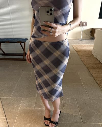 Dresondue Womens Checkered Mesh Sheer Top Skirt Set Casual Wear Blue S - Image 4