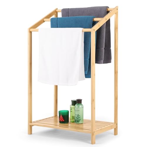 SIMEFUL Bamboo Towel Rack Stand, Hand Towels Stand Holder, Freestanding Blanket Rack with Bottom Storage Shelf for Bathroom, Bedroom, Laundry Room