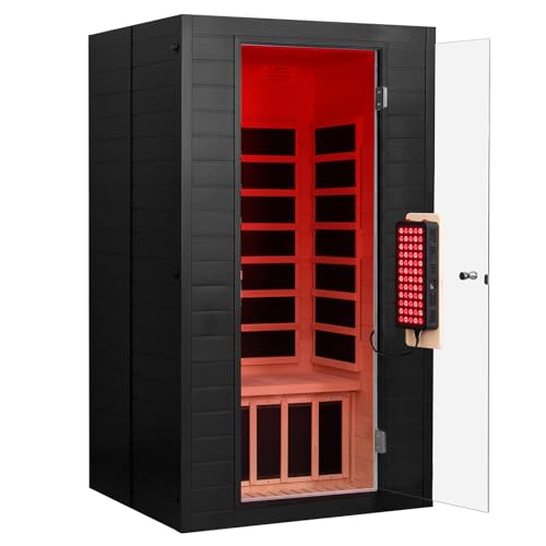 springspa Far Infrared Sauna for Home, Near Zero EMF Wood Home Sauna Room with 1400W, 9 Chromo Therapy Lights, Oxygen Ionizer, Bluetooth, LCD Control Panel for Indoor Use, 1 Person 1 Person
