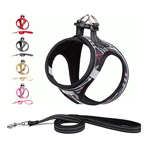 Suredoo Dog Harness and Lead Set, Step-in Breathable Reflective Puppy Cat Dog Vest Harnesses for Small Medium Dogs (Black Plaid, XXS)