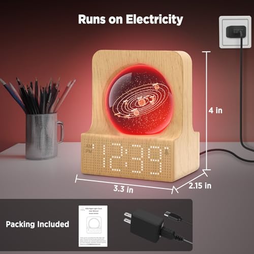 DreamSky Space Alarm Clock for Kids Teens, Small Digital Clock with RGB Night Light for Bedroom, Colorful Crystal Ball Decor for Living Room Office, Dimmer, Gifts for Boys Girls Women (Wood Grain)